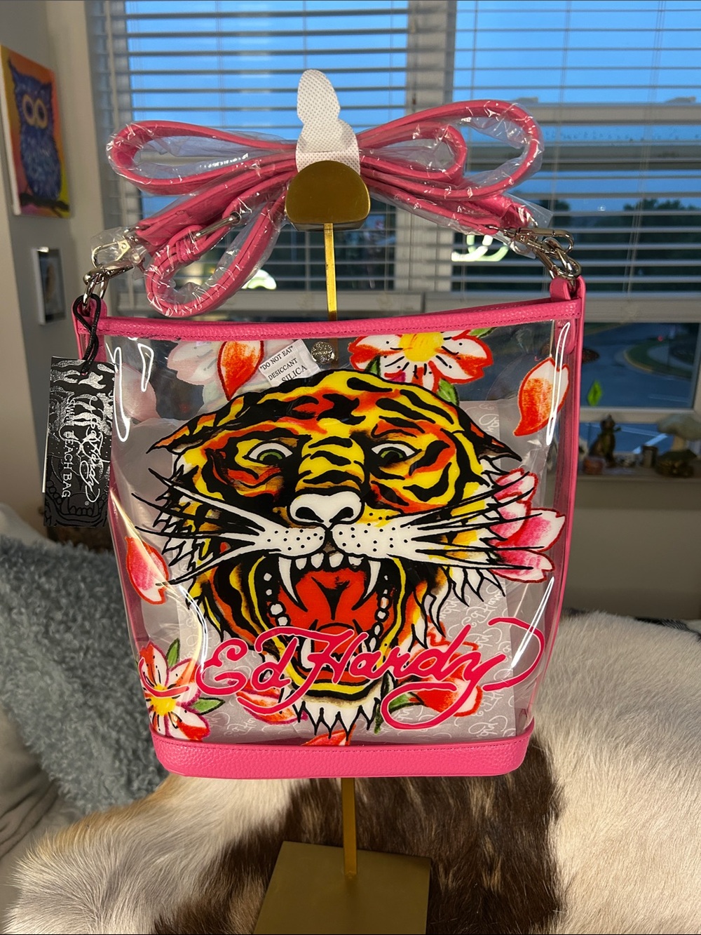 Ed Hardy Clear Pink Tiger Print Swim Beach Crossbody Tote Bag 10.5”x 4”x 10” NWT